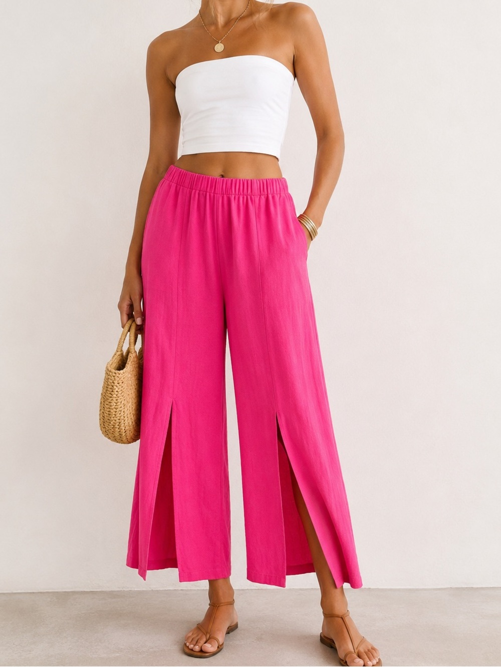 Hot Pink Resort Wear Pants Linen Blend Wide Leg Coastal Summer Style Large